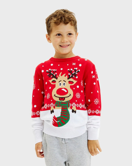Weihnachtspullover mit Rentierfamilienmotiv und Schal aus Bio-Baumwolle