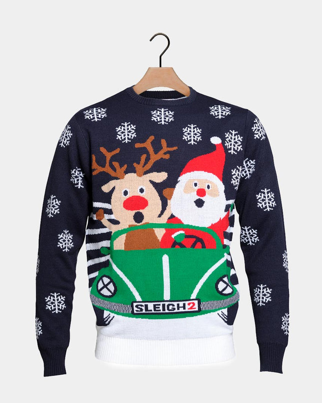 Family Christmas Sweater with Reindeer and Santa Driving