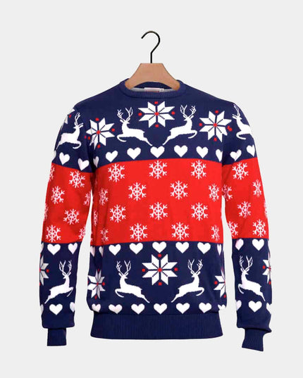 Blue and Red Family Christmas Sweater with Reindeer and Hearts