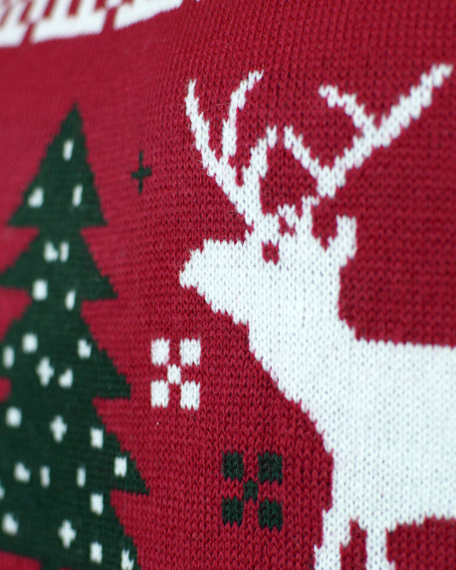 Red Christmas Sweater for Family with Trees and Reindeer