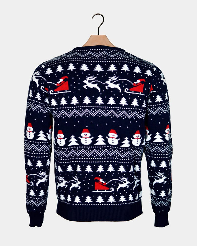 Family Christmas Sweater Blue with Trees, Snowmen, and Santa in Organic Cotton