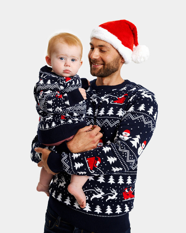 Organic Cotton Blue Christmas Sweater for Family with Trees