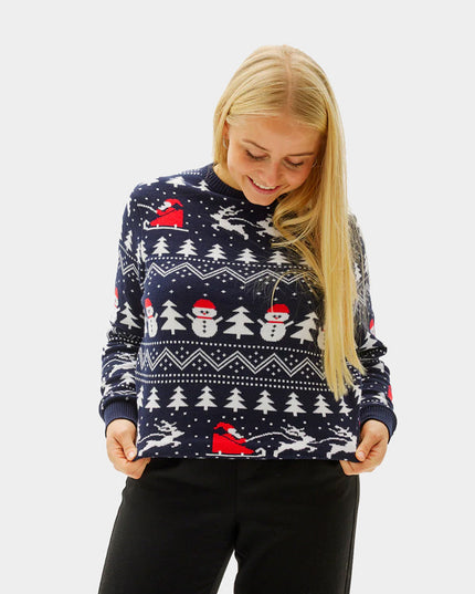 Family Christmas Sweater Blue with Trees, Snowmen, and Santa