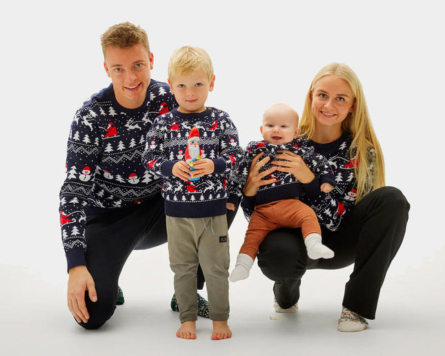 Family Christmas Sweater Blue with Trees, Snowmen, and Santa
