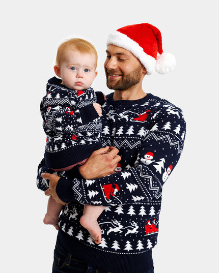 Family Christmas Sweater Blue with Trees, Snowmen, and Santa