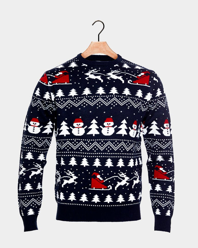 Blue Christmas Sweater for Family with Trees and Snowmen