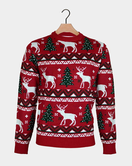 Red Christmas Sweater for Family with Trees and Reindeer