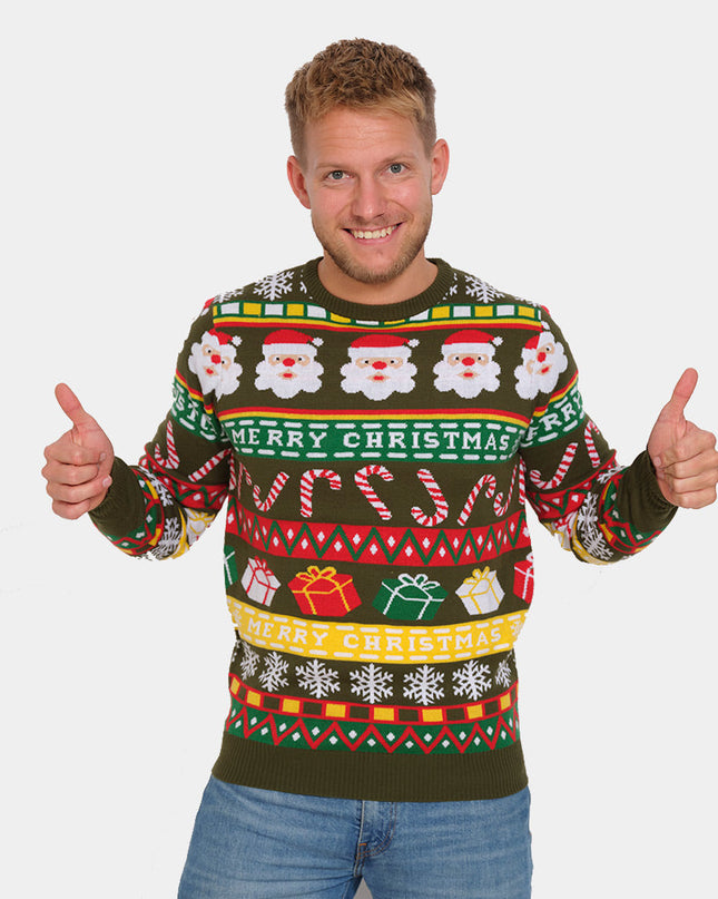 Grüner Weihnachtspullover mit Weihnachtsmann und Geschenken