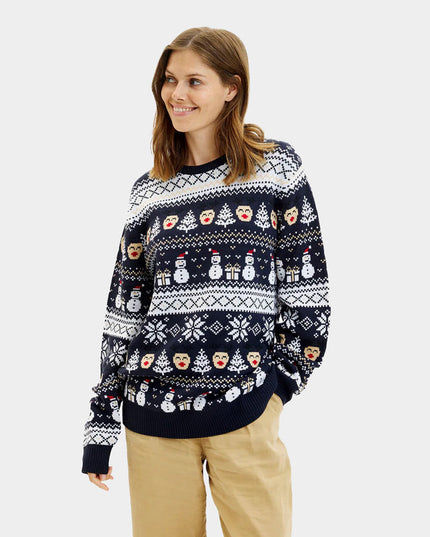 Couple's Christmas Sweater Blue with Snowmen and Trees
