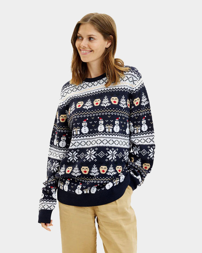 Couple's Christmas Sweater Blue with Snowmen and Trees