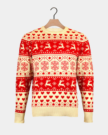 Women's Christmas Sweater with Red Hearts and Beige Cotton