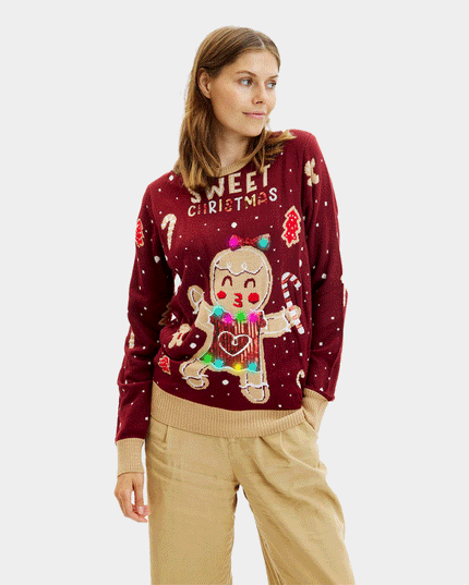 LED Red Ginger Cookie Christmas Sweater for Women