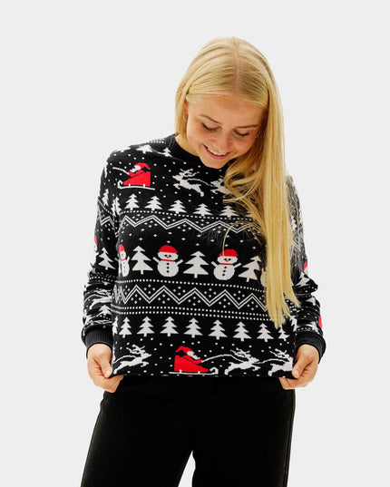 Schwarzer Weihnachtspullover für Paare mit Bäumen und Schneemännern