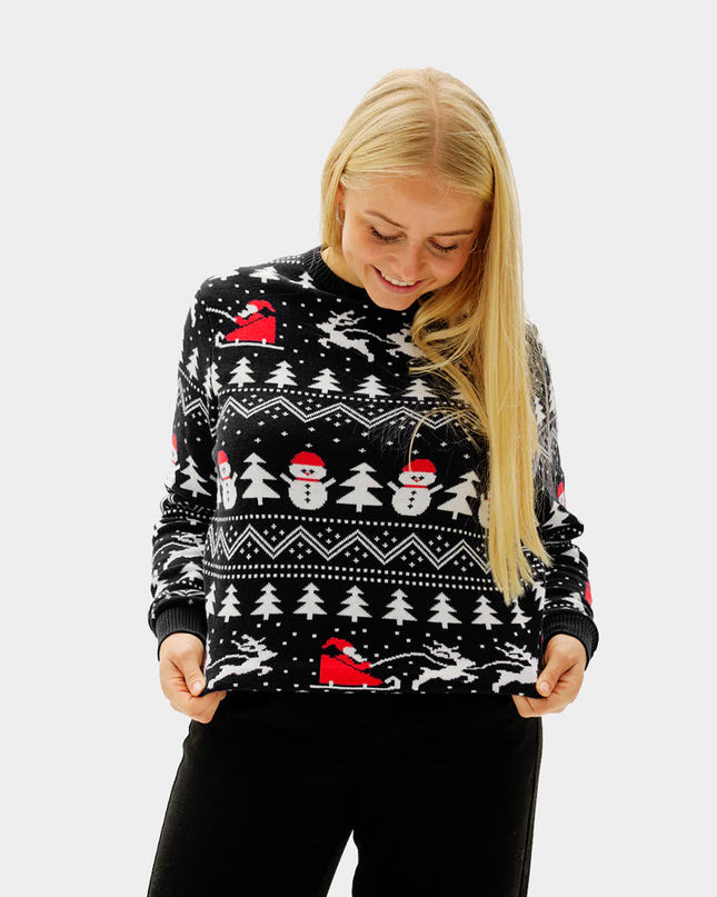 Couple's Christmas Sweater Black with Trees and Snowmen