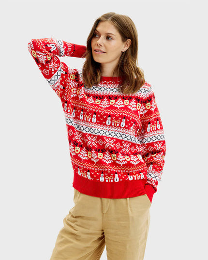 Women's Red Christmas Sweater with Snowmen and Christmas Trees