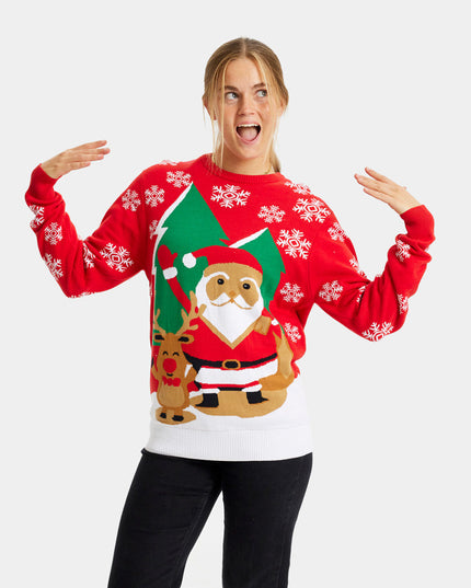 Women's Red Christmas Sweater with Santa and Reindeer