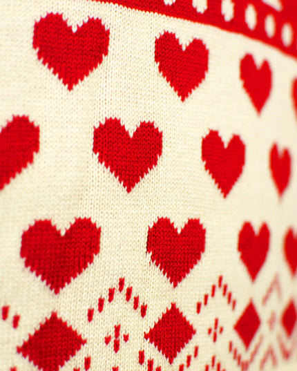 Women's Organic Cotton Christmas Sweater with Red Hearts and Beige