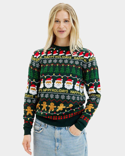 Grüner Damen-Weihnachtspullover mit der Aufschrift „Frohe Feiertage“
