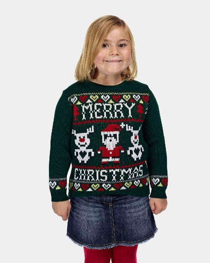Green Christmas Sweater for Kids with Reindeer and Santa