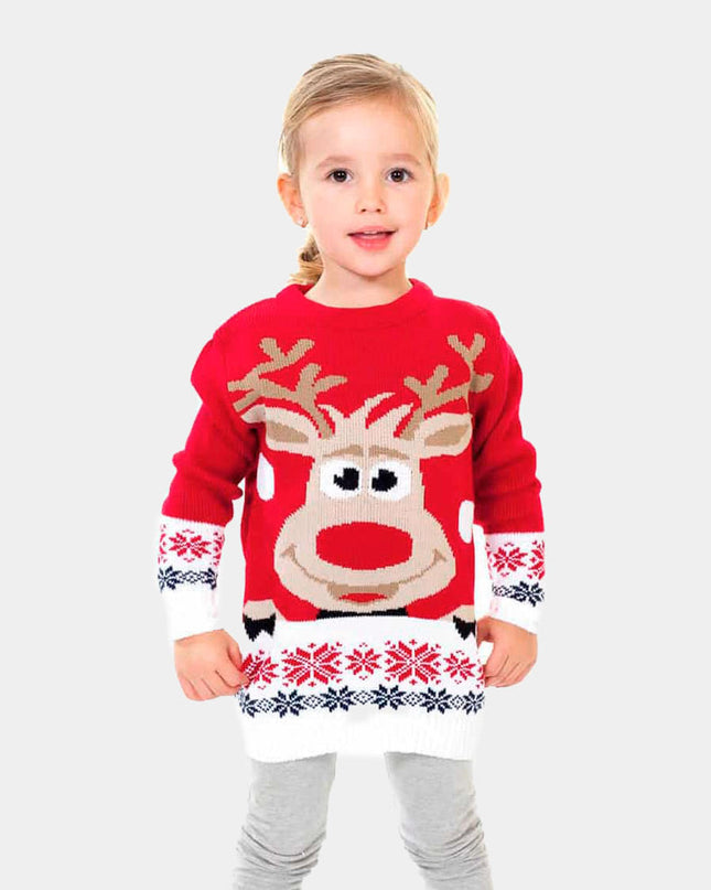 Kids Christmas Sweater Red with Reindeer and Snow