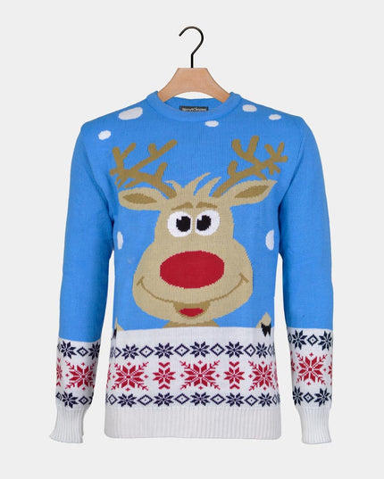 Sky Blue Christmas Sweater for Men with Reindeer and Snow