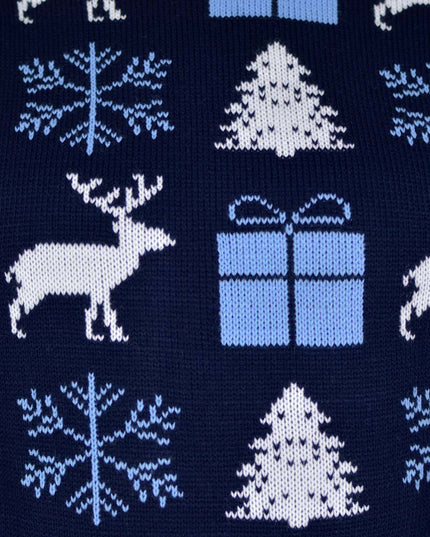 Christmas Sweater for Men Blue with Reindeer, Gifts, and Christmas Trees