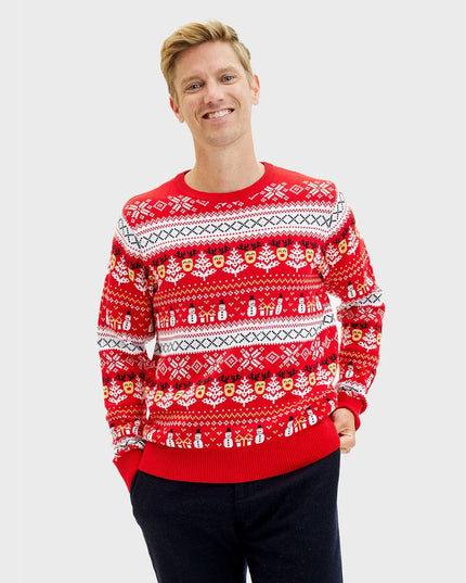 Organic Cotton Red Christmas Sweater for Men with Snowmen and Trees