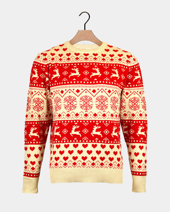Men's Organic Cotton Christmas Sweater with Red Hearts on Beige