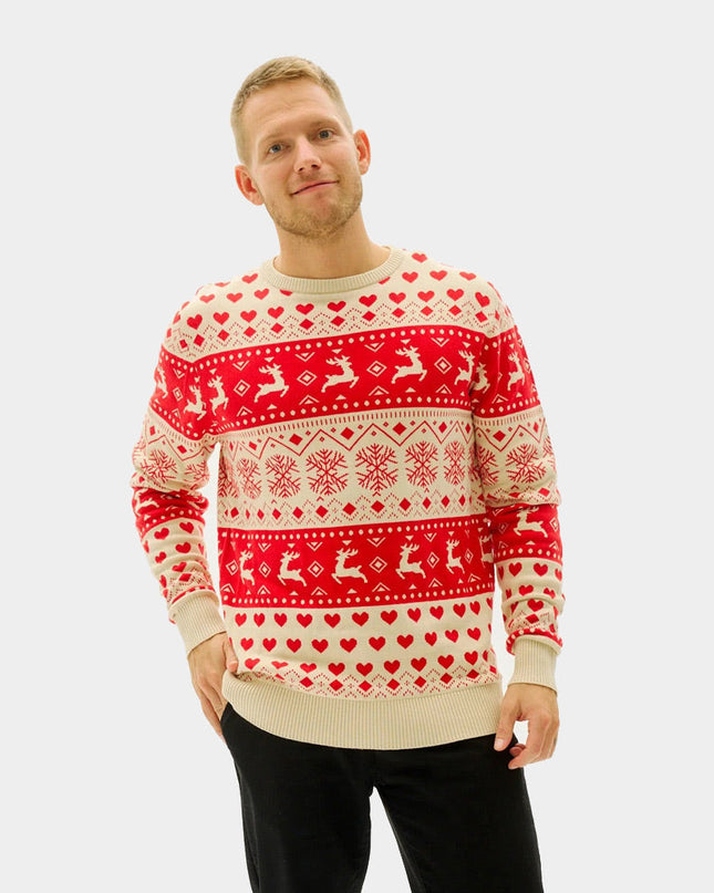Men's Organic Cotton Christmas Sweater with Red Hearts on Beige