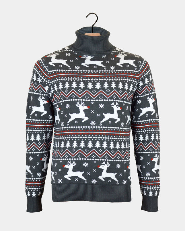 Gray Rolled Collar Christmas Sweater with Reindeer