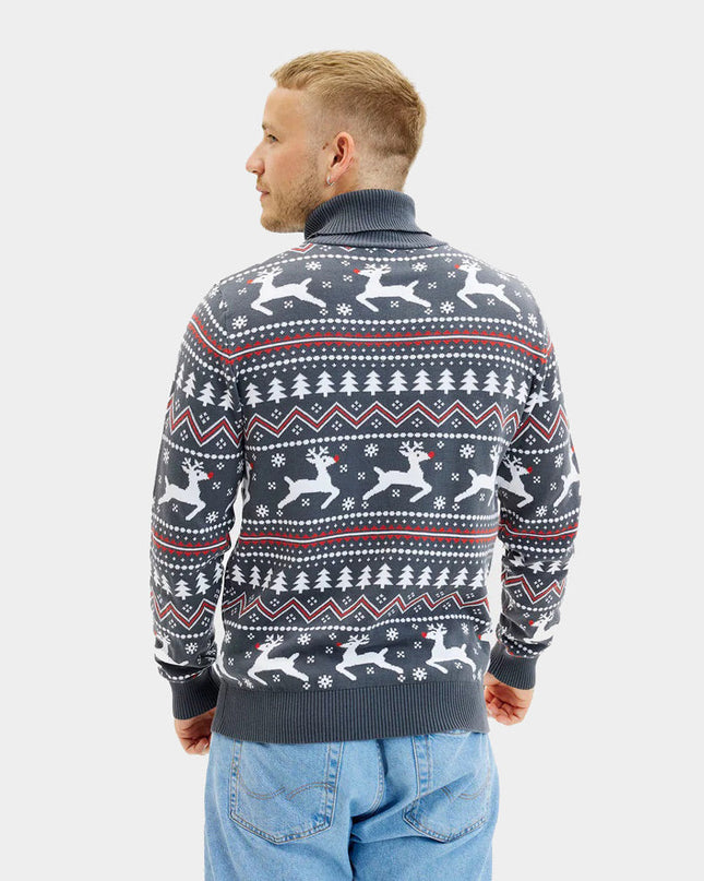 Gray Rolled Neck Christmas Sweater for Couples with Reindeer