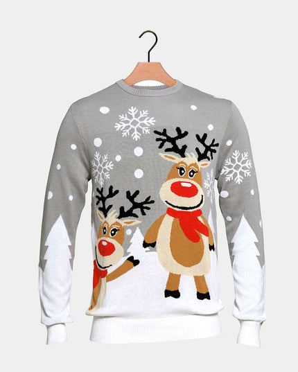 Grey Christmas Sweater for Men with Cute Reindeer