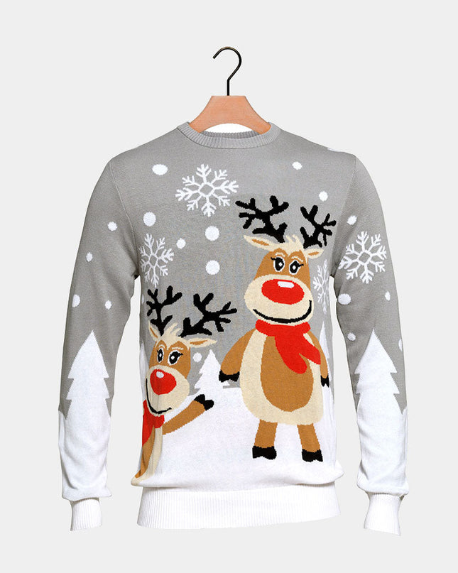 Grey Christmas Sweater for Men with Cute Reindeer