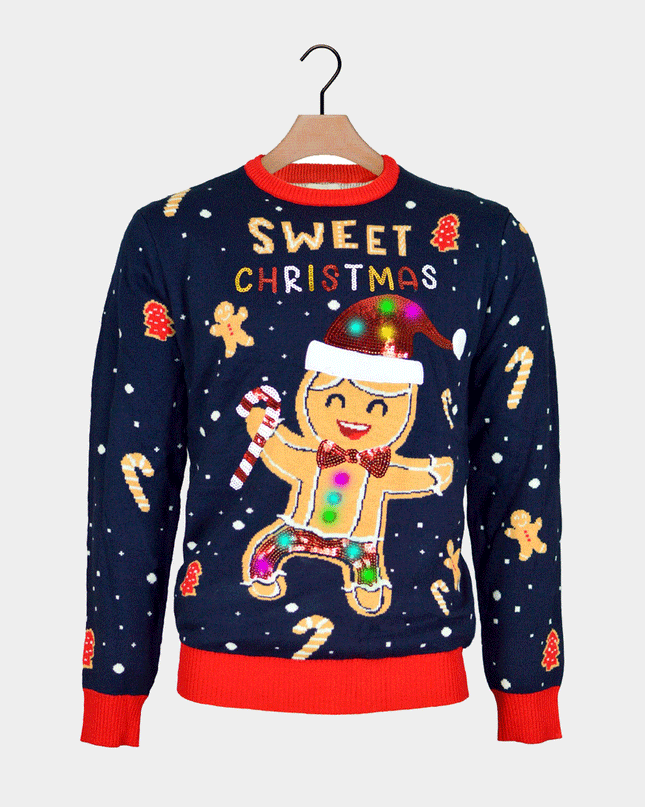 Luminous LED Blue Christmas Sweater with Ginger Cookie