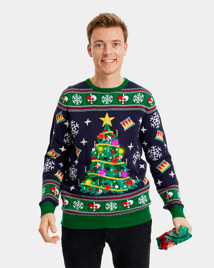Luminous LED Blue Christmas Sweater with Christmas Tree