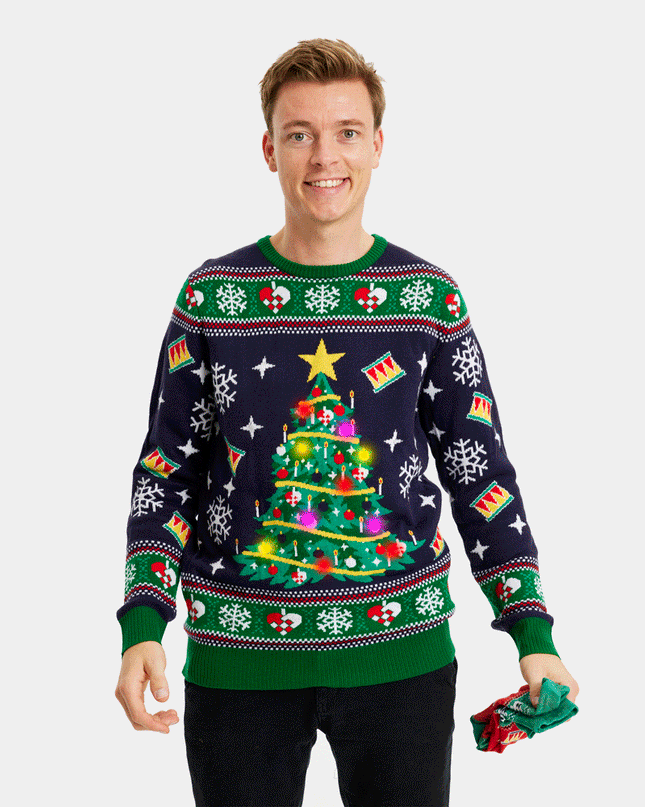 Luminous LED Blue Christmas Sweater with Christmas Tree