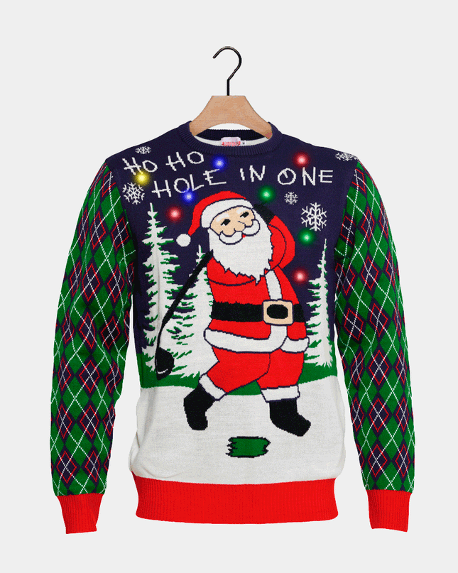 Light-Up Men's Christmas Sweater with Santa Playing Golf