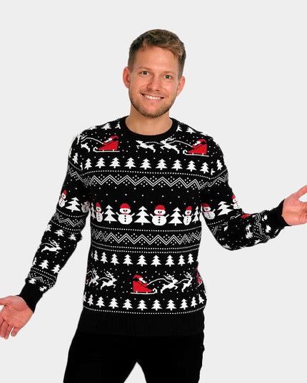 Schwarzer Weihnachtspullover für Paare mit Bäumen und Schneemännern