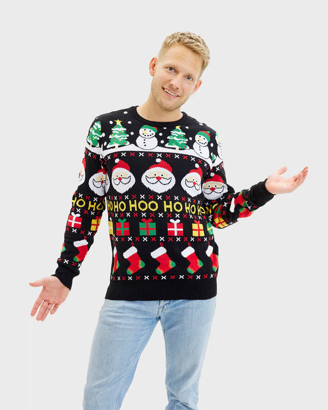 Men's Organic Cotton Sweater with Santa, Gifts, and Snowmen