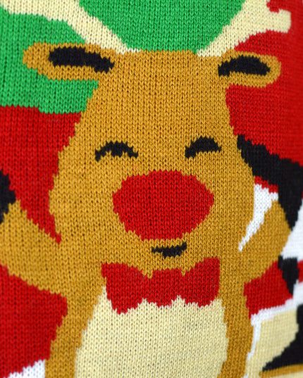 Roter Weihnachtspullover für Herren mit Weihnachtsmann und salutierenden Rentieren