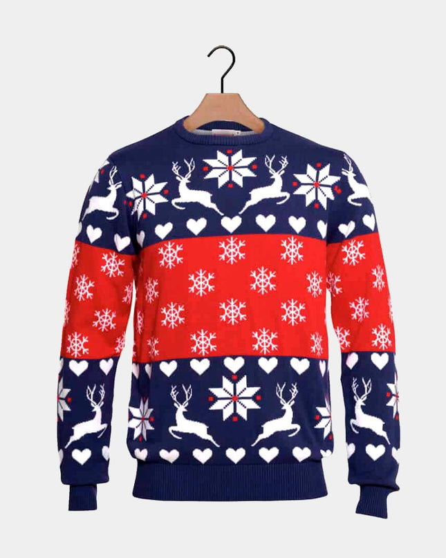 Christmas Sweater for Men Blue and Red Reindeer Hearts