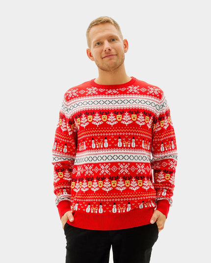 Organic Cotton Red Christmas Sweater with Snowmen and Trees