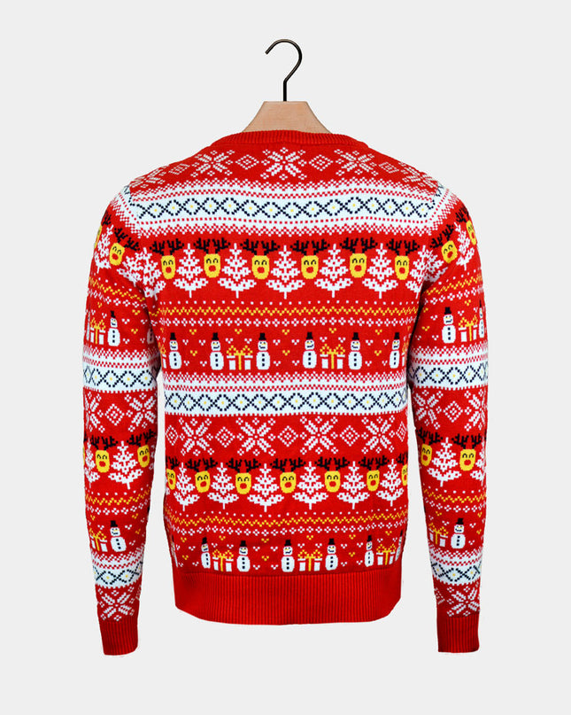 Organic Cotton Red Christmas Sweater for Men with Snowmen and Trees