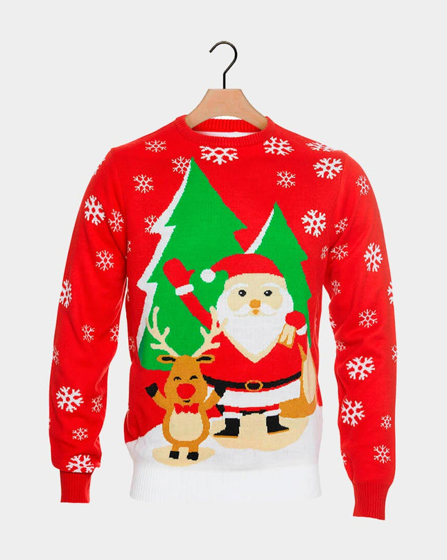 Christmas Sweater for Men Red with Santa Claus and Saluting Reindeer
