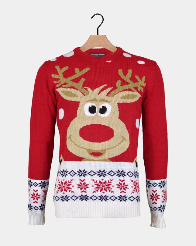 Red Christmas Sweater for Men with Reindeer and Snow