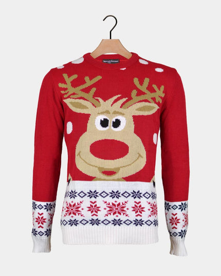 Red Christmas Sweater for Men with Reindeer and Snow