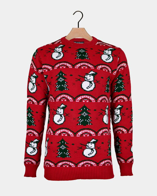 Red Christmas Sweater for Men with Trees and Snowmen
