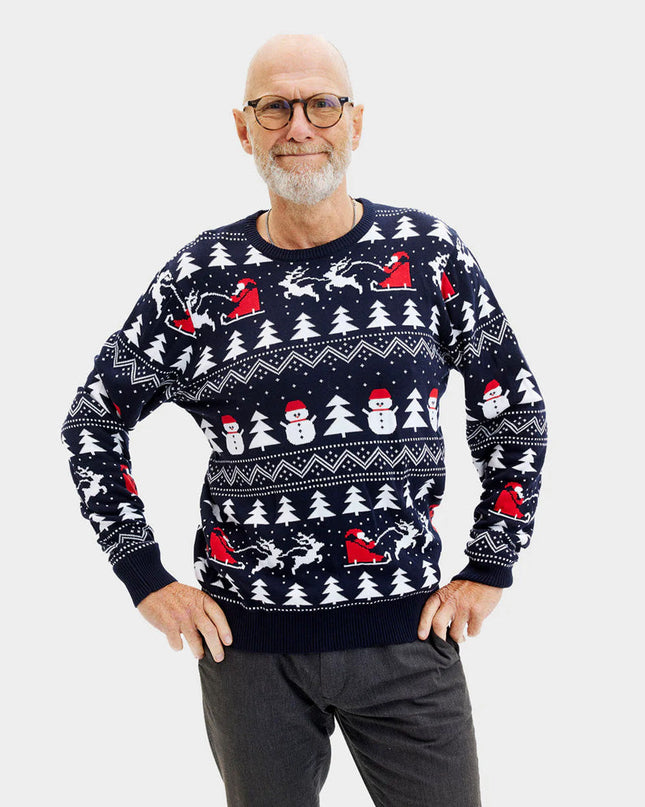 Men's Blue Sweater with Trees, Snowmen, and Santa