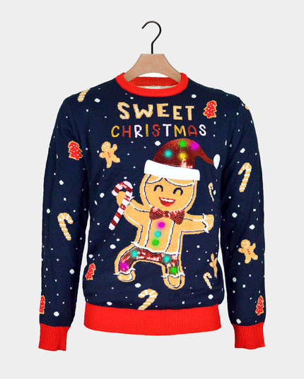 Light-Up LED Blue Ginger Cookie Couple Christmas Sweater