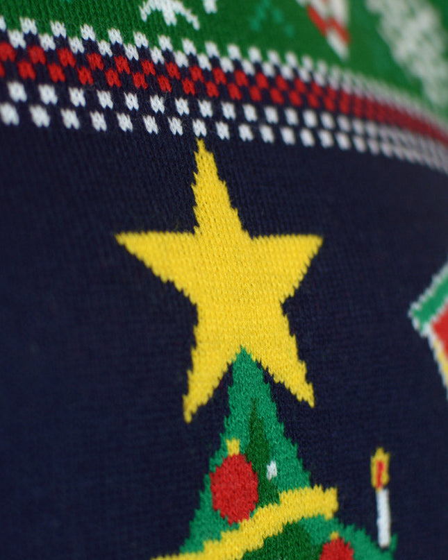 Damen-Weihnachtspullover in Blau mit LED-Beleuchtung und Weihnachtsbaum